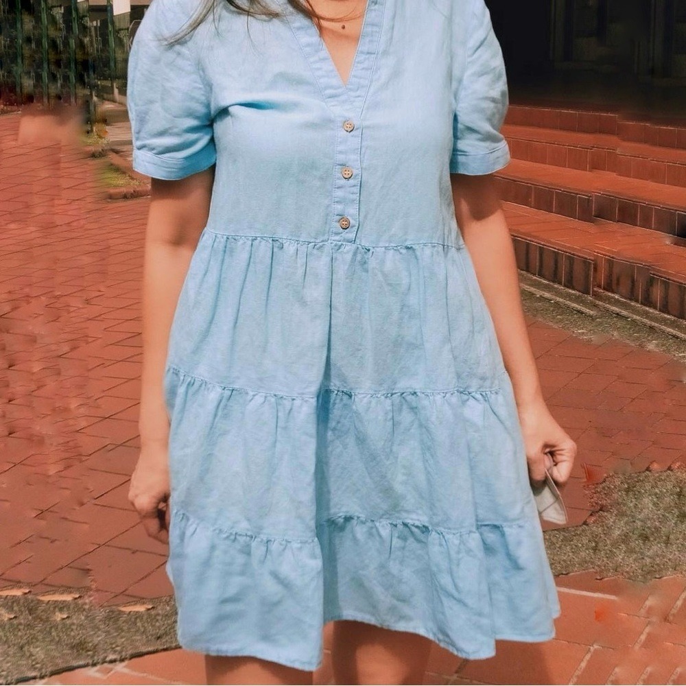 Zara Linen Blend Tiared Mini Dress in Blue